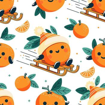 Seamless pattern with cheerful oranges in hats riding on a sled. vector
