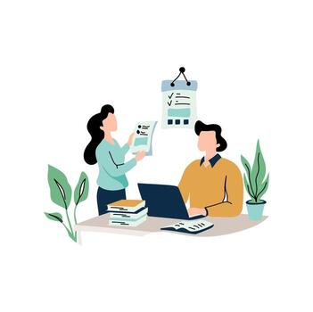 Two colleagues collaborating, reviewing documents, and working on a laptop at a desk. vector