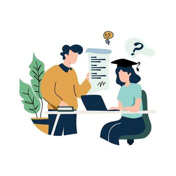 Student and Instructor Reviewing Document with Lightbulb and Question Mark Illustration vector