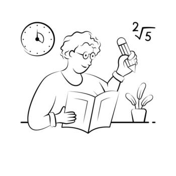 A hand drawn illustration of a student writing homework and solving academic assignments.. vector