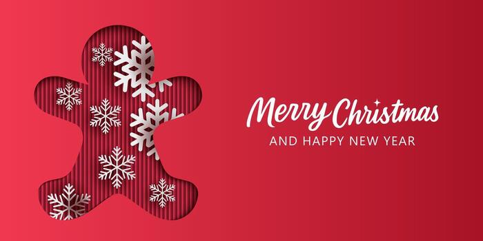 merry christmas and happy new year card with gingerbread man on red background vector