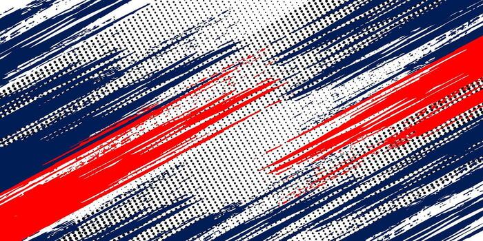 Bold grunge abstract background with diagonal brush strokes in blue, red, and white. Halftone dots give a vintage comic effect, adding contrast and energy for a dynamic, fast-paced look. vector