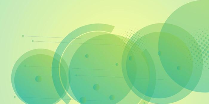 A bold and energetic abstract background with layered translucent circles in green and yellow gradients. Halftone dots and fine lines create texture, movement, and a futuristic, scientific atmosphere. vector