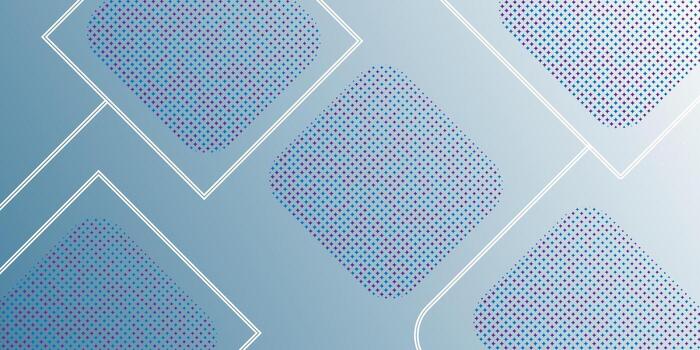 Abstract design with large rounded rhombus shapes on a soft blue gradient. Filled with pink, purple, and blue halftone dots, accented by bold white lines for depth and digital structure. vector