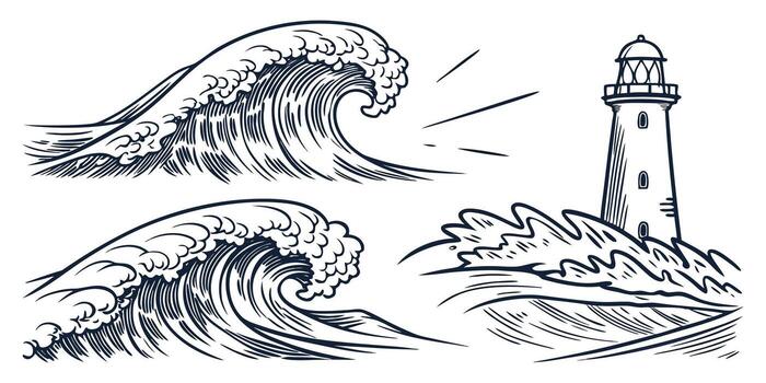 Dynamic ocean waves crashing around a majestic lighthouse sketch art vector