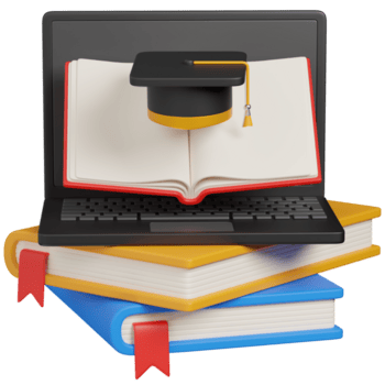 3d render conectados Educação conceito computador portátil, livros, e graduação boné ícone png