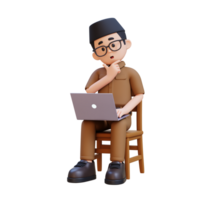 3d desenho animado Indonésia professor personagem sentado dentro uma cadeira pensando com uma computador portátil png