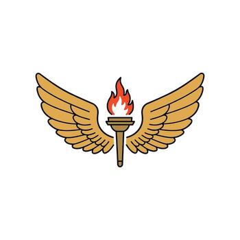 Winged torch emblem with flaming torch and golden wings symbol vector