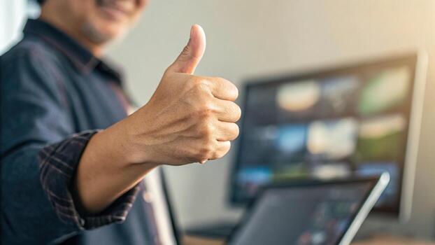Multi Platform Freelancer, A person gives a thumbs-up gesture, approval satisfaction, while seated in front of a computer with multiple screens photo