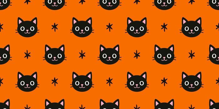 seamless pattern with playful black cat faces and star on bright orange background. Spooky and cute halloween background for festive design. Witchcraft print and wrapping design. vector