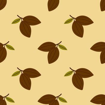 seamless pattern with cocoa pods and green leaves on beige. Natural chocolate ingredient print background for dessert menu, confectionery branding, and gourmet packaging. Wrapping design. vector