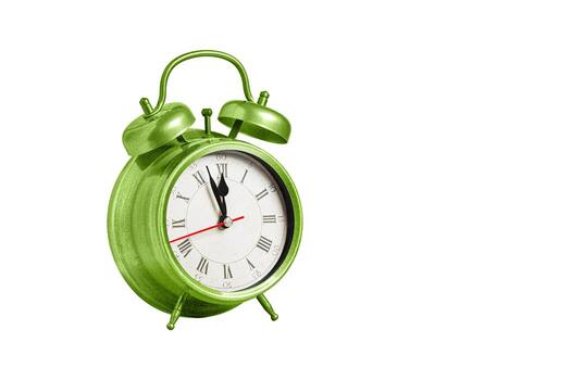 retro clock, pointer clock, green color alarm clock on isolated white background photo