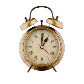 alarm clock, vintage clock with time 01 hours 00 minutes, a.m. 01 00, p.m. 01 00, on isolated white background photo
