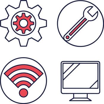 cuatro íconos de un computadora, reyezuelo y engranaje vector