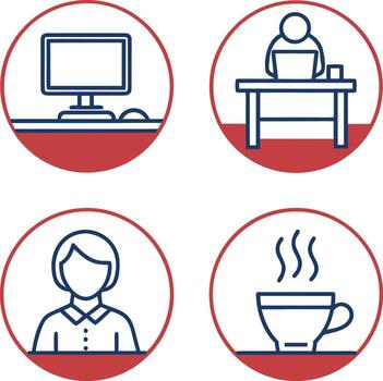 cuatro íconos de personas trabajando a un escritorio, café, y un computadora vector