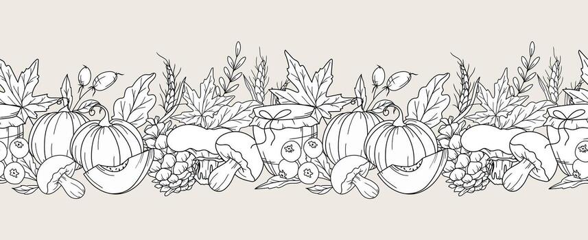 Autumn Botanical Design. Horizontal Fall Background. Autumn Line Art Drawing. Fall Flower Design. Fall Botanical garland seamless. Border Frame vector