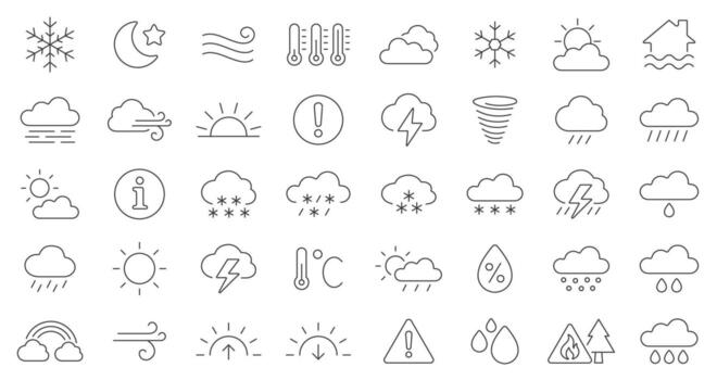 Weather Line Icons Set Features 40 Clean And Minimal Icons Representing Sun, Rain, Snow, Clouds, Storms, And More. Perfect For Forecasts, Apps, Websites. Editable Stroke Line Style. Isolated vector
