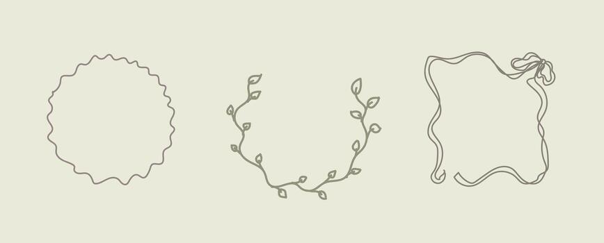 Set Of Three Whimsical And Natural Line Art Boho Circle Square Frames vector