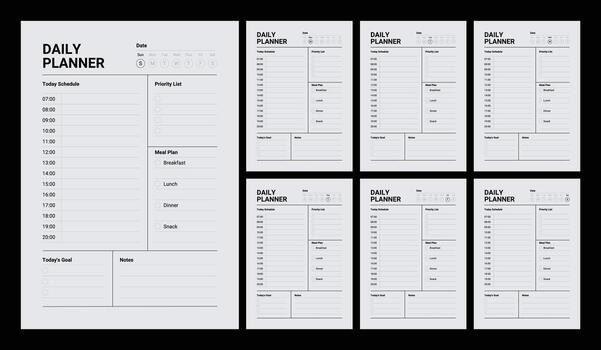 A collection of clean, minimalist daily planner pages and schedule layouts with time slots and task sections vector