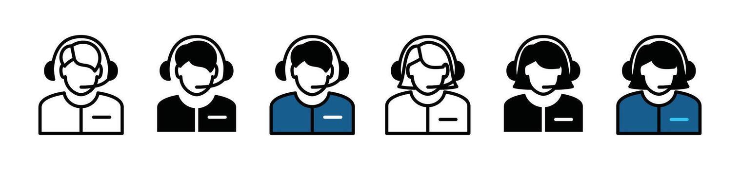 Customer service, help, assistance, technical support, call center, hotline, operator, staff, agent icon set in line and flat style for app and website symbol - illustration vector
