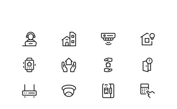 Clean Line Icon Pack for Security Devices including CCTV, motion sensors, alarm bells, and access control graphics. vector
