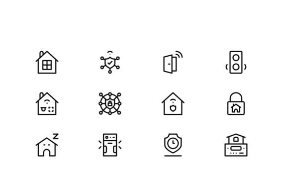 Smart Home Safety Icon Collection with a contemporary minimalist approach highlighting monitoring and access control. vector