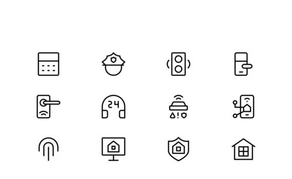 Minimal Security and Monitoring Line Icon Set perfect for smart home projects, featuring unique, pixel-perfect safety symbols. vector