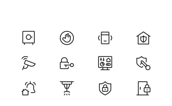 Modern Surveillance and Safety Line Icon Pack designed with a clean outline style for cameras, motion sensors, and security systems. vector