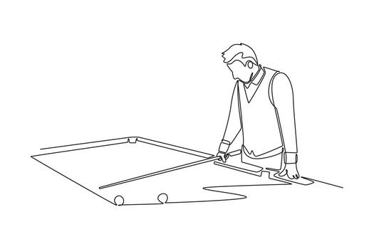 Single one line drawing active male pool athlete aiming a cue stick, representing poised concentration and technical skill of a billiard player. Continuous line draw design graphic illustration vector
