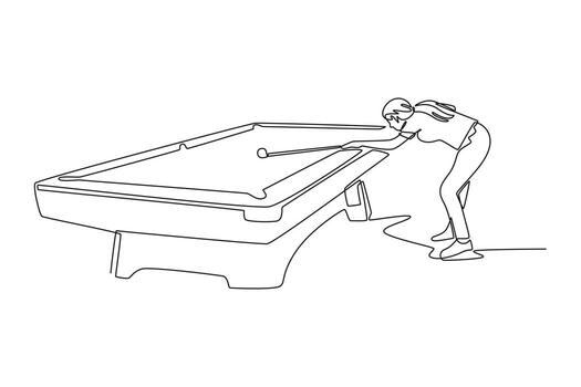 Single continuous line drawing attractive female in a low, focused stance, aiming a shot on pool table. Precision, strategy, and concentration of game. One line draw graphic design illustration vector