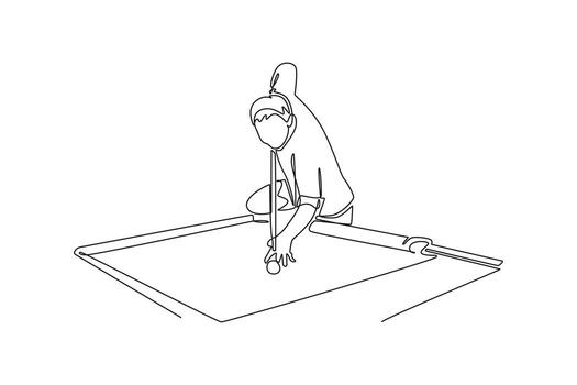 Continuous one line drawing young man player taking a challenging shot in billiards, kneeling to get perfect angle and demonstrating skillful play. Single line draw design graphic illustration vector