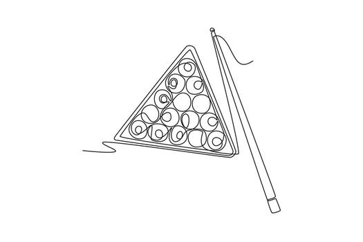 Single one line drawing rack of billiard balls and a cue stick, symbolizing strategic start and poised anticipation of new game of pool. Modern continuous line draw design graphic illustration vector