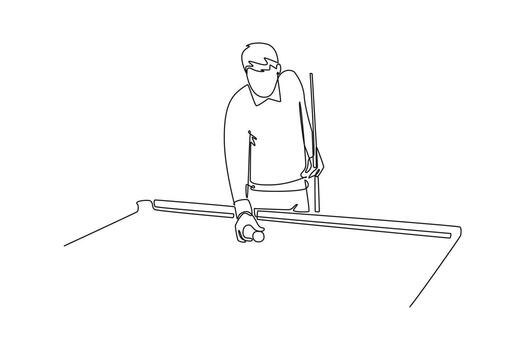 Single one line drawing sportsman in a poised stance, preparing for break shot on pool table. Strategy, concentration, and start of game. Modern continuous line draw design graphic illustration vector