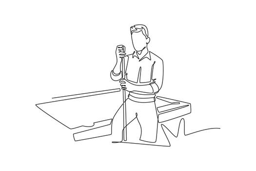 Single one line drawing man contemplating his next shot. Symbolizing strategy, mental focus, and calm concentration of a billiard player. Modern continuous line draw design graphic illustration vector