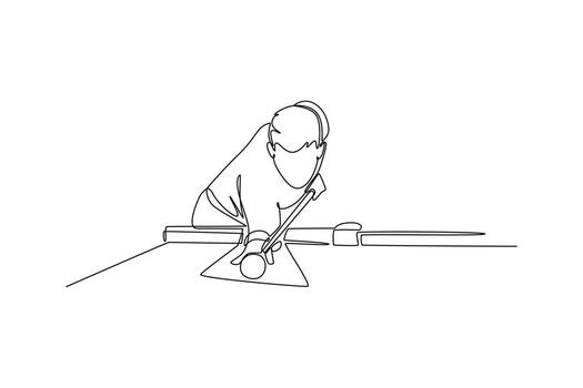 Single continuous line drawing young man in a low, focused stance, aiming shot on pool table. Precision, strategy, and concentration of game. Dynamic one line draw graphic design illustration vector