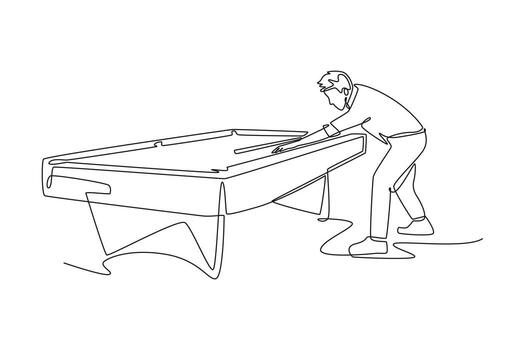 Continuous one line drawing young professional male plays billiards, focused on his shot, emphasizing the game's concentration and fluid movement. Single line draw design graphic illustration vector