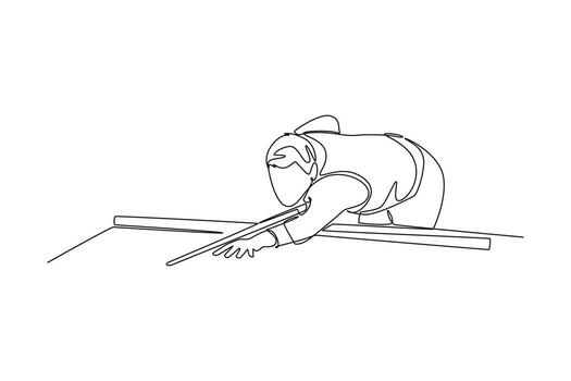 Single one line drawing active man playing billiards in low, focused stance, aiming shot on pool table. Precision, skill, concentration of game. Continuous line draw design graphic illustration vector