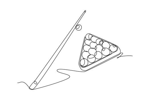 soltero continuo línea dibujo estante de de billar pelotas y un señal palo, simbolizando el estratégico comienzo y listo anticipación de un nuevo juego de piscina. uno línea dibujar gráfico diseño ilustración vector