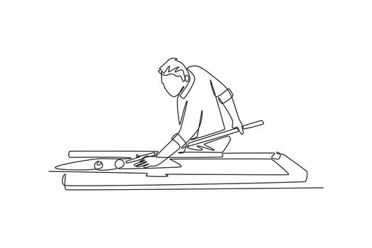 Continuous one line drawing professional male billiard athlete doing acrobatic aiming shot on a pool table. Precision, strategy, and concentration. Single line draw design graphic illustration vector