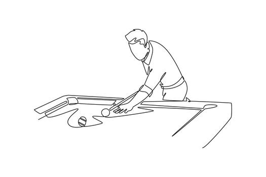 Continuous one line drawing young man athlete leaning over a billiards table, lining up a shot with focused intent, emphasizing his careful skill. Single line draw design graphic illustration vector