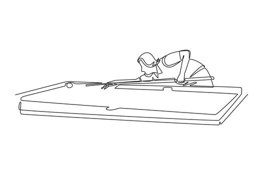 Single continuous line drawing woman in a low, focused stance, aiming a shot on pool table. Precision, strategy, and concentration of the game. Dynamic one line draw graphic design illustration vector