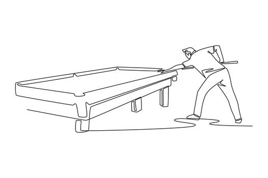 Continuous one line drawing man billiard athlete in low, focused stance, aiming shot on pool table. Precision, strategy, and concentration of game. Single line draw design graphic illustration vector