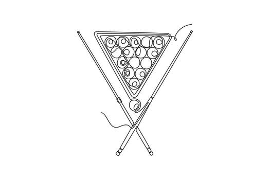 soltero continuo línea dibujo de billar pelotas atormentado con señal palos, simbolizando comienzo posición y listo anticipación de un nuevo juego de piscina. dinámica uno línea dibujar gráfico diseño ilustración vector