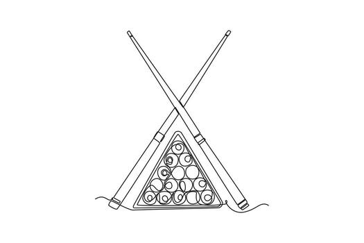 soltero continuo línea dibujo estante de de billar pelotas y dos señal palos, simbolizando comienzo posición y listo estratégico de nuevo juego de piscina. dinámica uno línea dibujar gráfico diseño ilustración vector