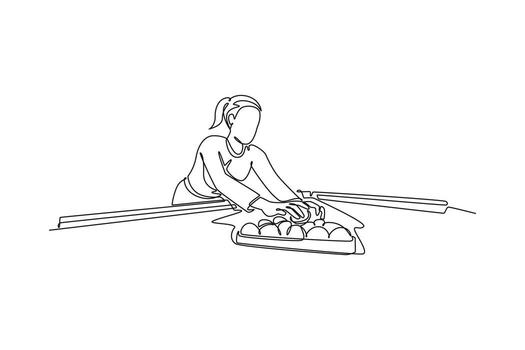 Single continuous line drawing young female meticulously racking billiard balls on a pool table. Strategic start and poised anticipation of a new game. One line draw graphic design illustration vector