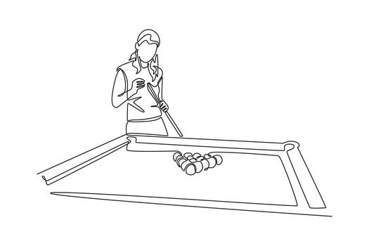 Continuous one line drawing woman in a poised stance, preparing for break shot on pool table, symbolizing strategy, concentration, start of a game. Single line draw design graphic illustration vector