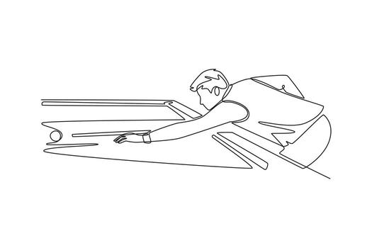Continuous one line drawing young man making a precise shot in game of billiards, showcasing his intense focus and the dynamic action of the sport. Single line draw design graphic illustration vector