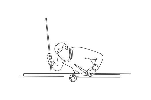 Single one line drawing man playing billiards in low, focused stance, aiming shot on pool table. Precision, strategy, concentration of the game. Continuous line draw design graphic illustration vector