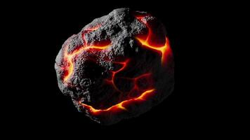 Looping animation of a space alien asteroid rotation. Fiery red lava flows across the destroyed surface of the asteroid. Cyclic slow rotation of an object in space. File with Alpha Channel. video