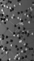 Abstract 3D visualization of interconnected black and white spheres, symbolizing molecular structure, digital network, innovation, science, and futuristic technology background. video